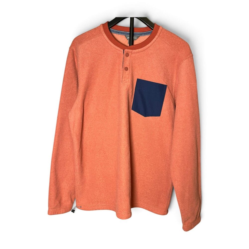 Eddie Bauer Men’s M Fleece Henley Pullover Orange Navy Pocket NWT Outdoor